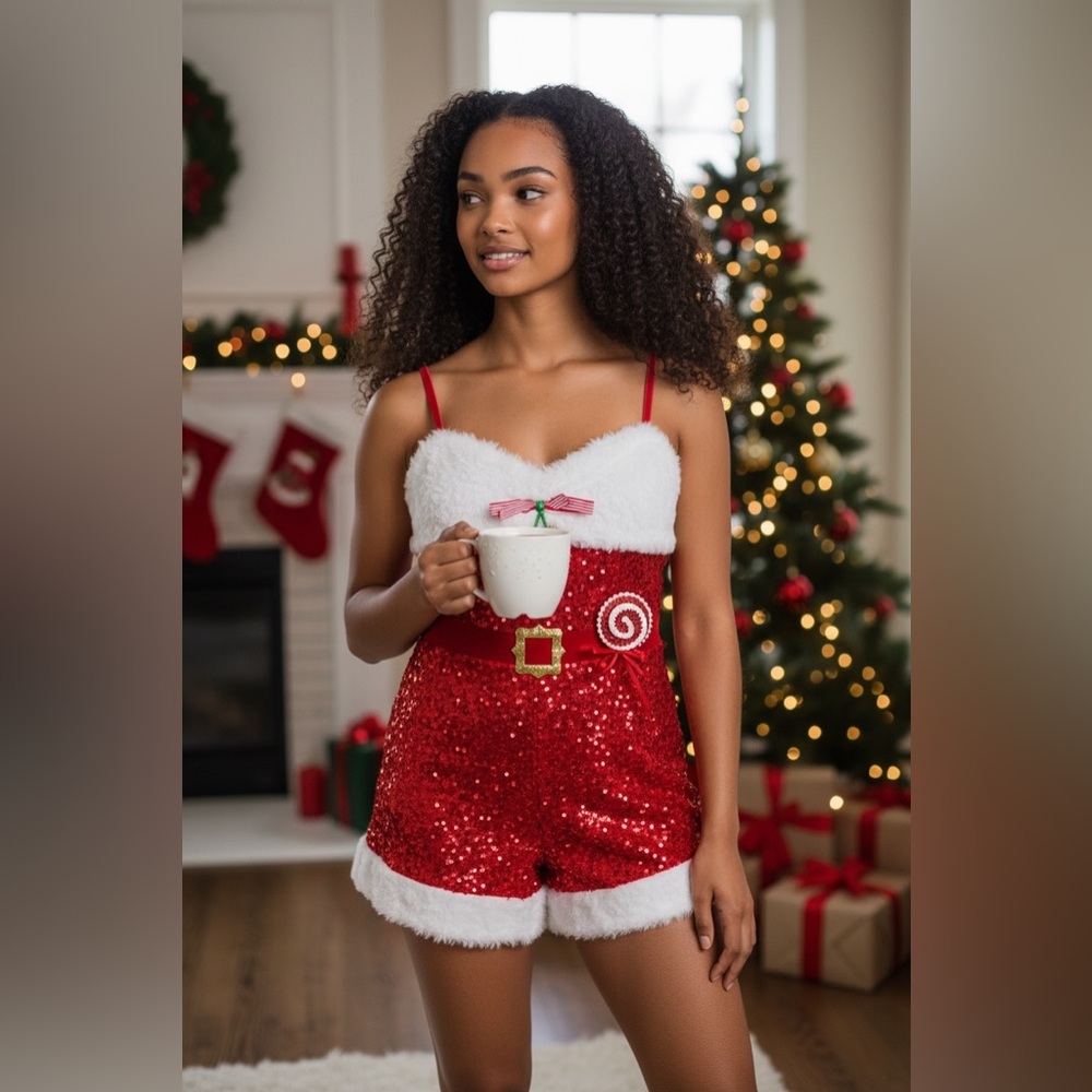 Sequin Holiday Teddy Romper in Red with White Trim size 12 ptp 16”